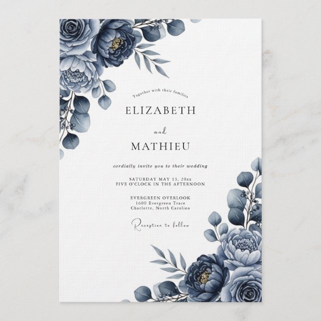 Invitación Indigo Moody Floral Wedding (Anverso)