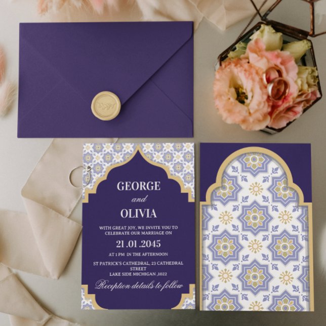 Invitación Indigo Moroccan Tile Wedding (Subido por el creador)