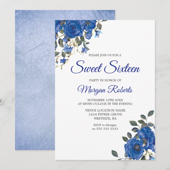 Invitación Indigo Navy Midnight Blue Flowers Sweet 16 Invite (Anverso / Reverso)