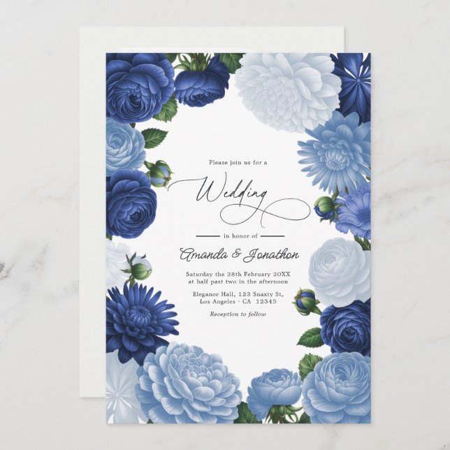 Invitación Indigo Petal, Blue Hydrangea & Frost Pearl Wedding (Anverso / Reverso)