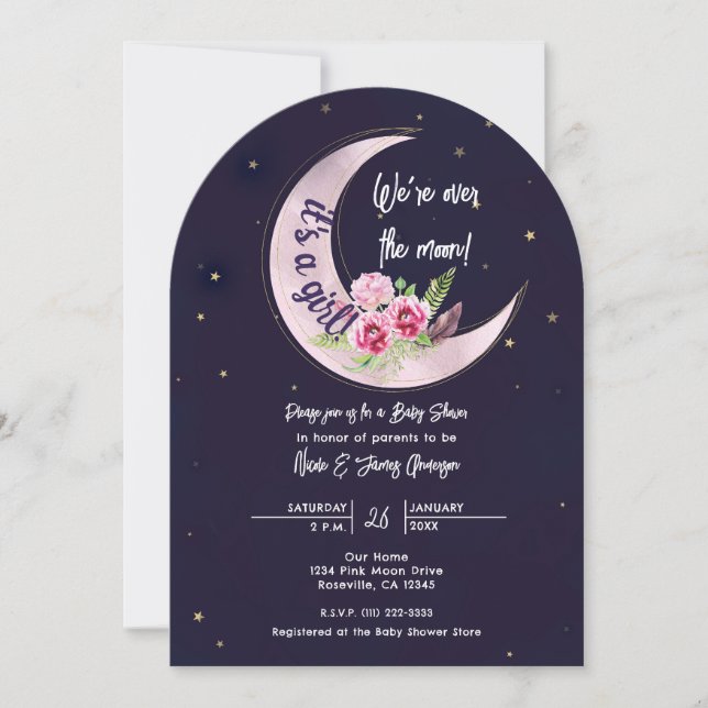 Invitación Indigo Star Cae Moon Floral Rosa Baby Shower (Anverso)