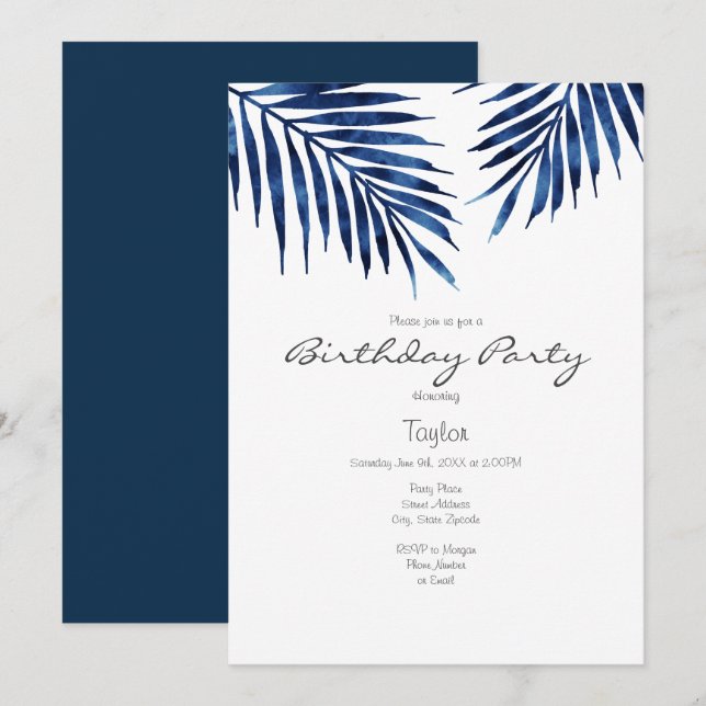 Invitación Indigo Watercolor Palm Fronds (Anverso / Reverso)
