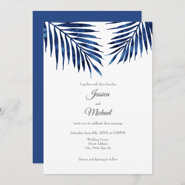 Invitación Indigo Watercolor Palm Fronds (Anverso / Reverso)