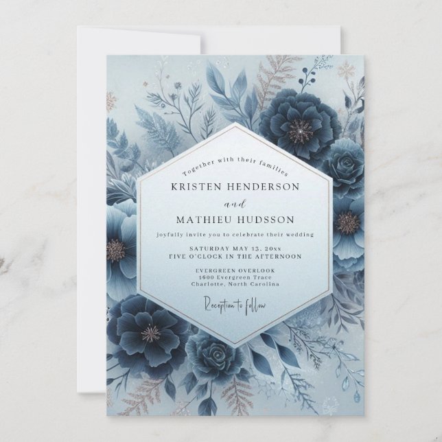 Invitación Indigo Wintry Flora Wedding (Anverso)