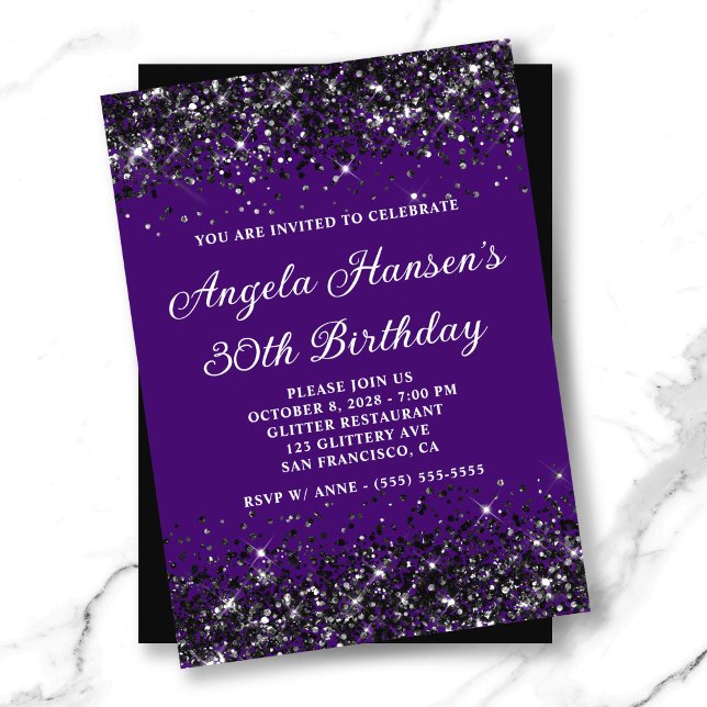 Invitación Índigo y Purpurina negro 30 cumpleaños (Indigo and Black Glitter 30th Birthday Invitation)