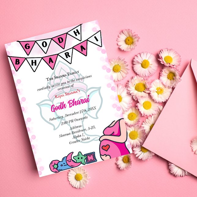 Invitación  indio de Baby Shower Godh Bharai Hindu Pink (Subido por el creador)