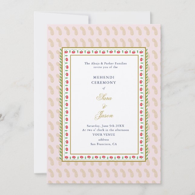 Invitación Indio indio de la ceremonia de Mehendi rosada y do (Anverso)