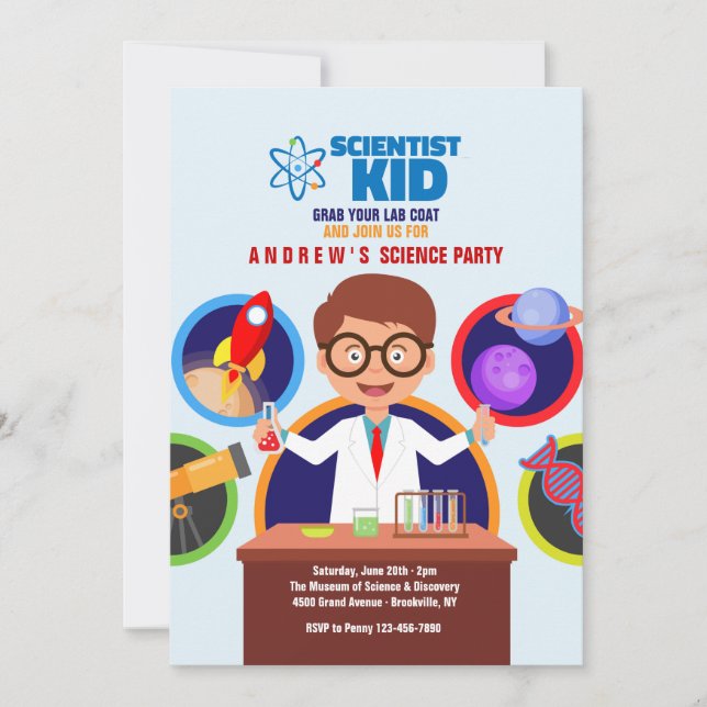 Invitación infantil científica (Anverso)