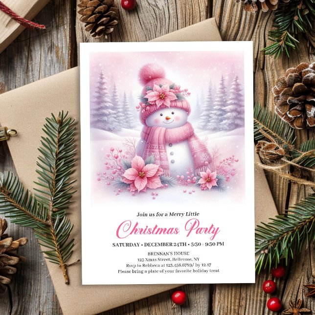 Invitación infantil de muñeco de nieve rosa en bos (Playful Snowy Forest Pink Snowman Kids Invite Download)