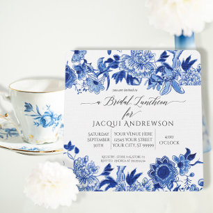 Invitación Influencia asiática azul blanco floral almuerzo nu