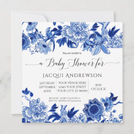 Invitación Influencia asiática Baby Shower Floral azul blanco