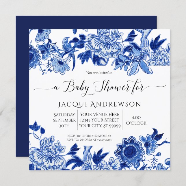 Invitación Influencia asiática Baby Shower Floral azul blanco (Anverso / Reverso)