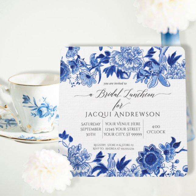 Invitación Influencia asiática Blue White Floral Bridal Lunch (Subido por el creador)