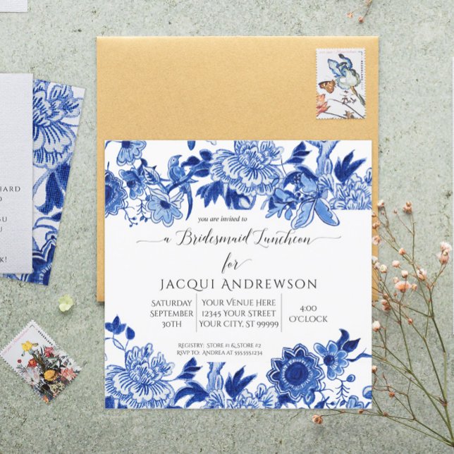 Invitación Influencia asiática Bridesmaid Blue Floral (Subido por el creador)