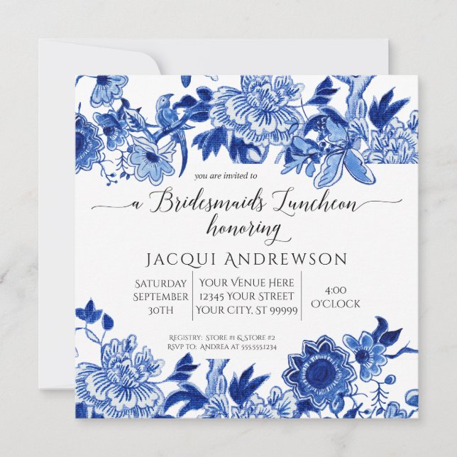 Invitación Influencia asiática Bridesmaids Blue White Floral (Anverso)