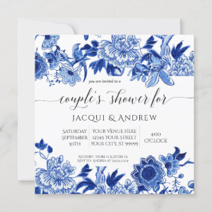 Invitación Influencia Asiática Ducha para Parejas Floral Azul
