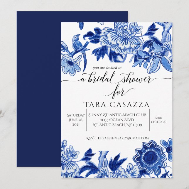 Invitación Influencia Asiática Floral Azul Azul Bridal Ducha  (Anverso / Reverso)