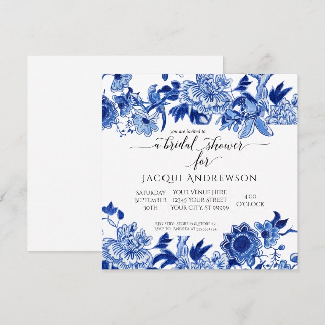 Invitación Influencia asiática Floral azul blanco |Ducha de n (Anverso / Reverso)