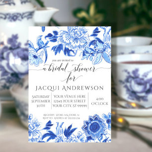 Invitación Influencia asiática Floral azul blanco ducha de no