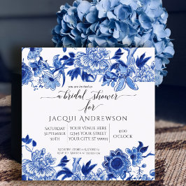Invitación Influencia asiática Floral blanca azul ducha de no