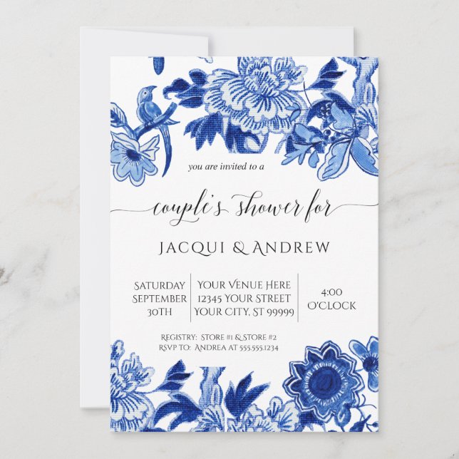 Invitación Influencia asiática Luz Azul Floral Parejas Ducha (Anverso)