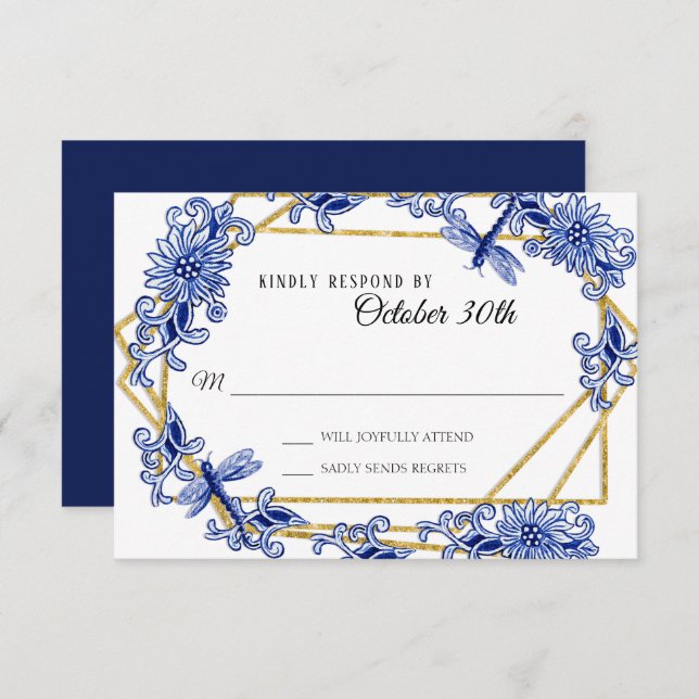 Invitación Influencia asiática RSVP azul marino floral chinoi (Anverso / Reverso)