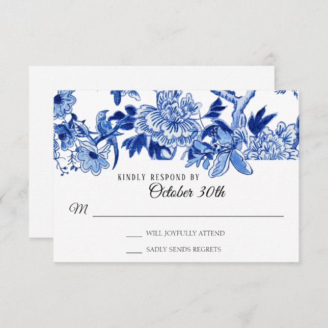 Invitación Influencia asiática RSVP Blanco Azul Floral Chinoi (Anverso / Reverso)