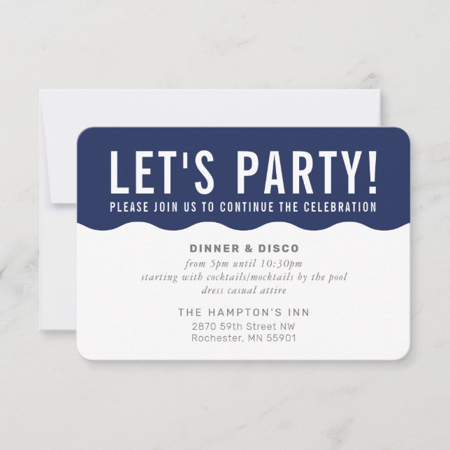 Invitación INFO DE CELEBRACIÓN DE FIESTA moderno oleada audaz (Anverso)