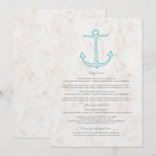 Invitación Información de Boda con Ancla Rústica Turquesa (Anverso / Reverso)