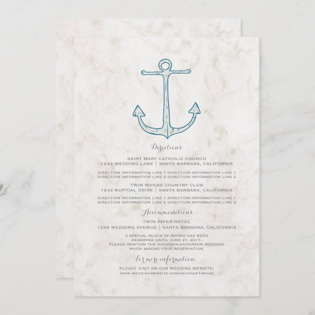 Invitación Información de Boda de Ancla Rústica Azul Real (Anverso / Reverso)