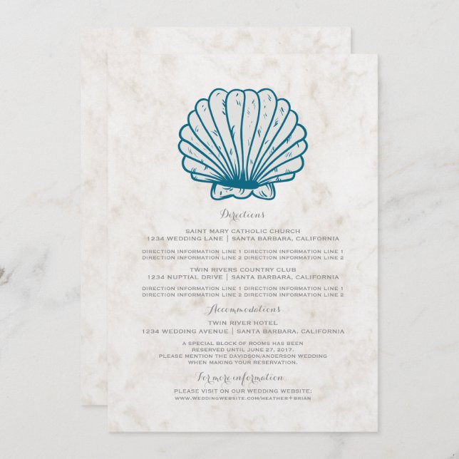 Invitación Información de Boda de Concha de Mar Rustica Azul  (Anverso / Reverso)