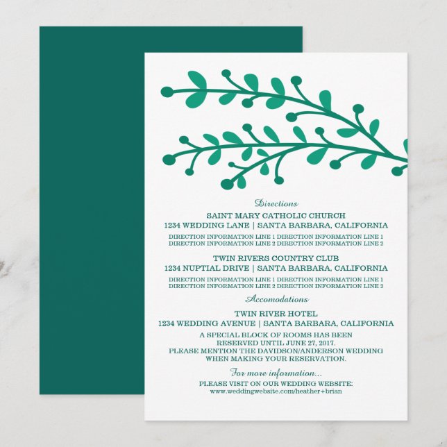 Invitación Información de Boda de follaje simple verde (Anverso / Reverso)