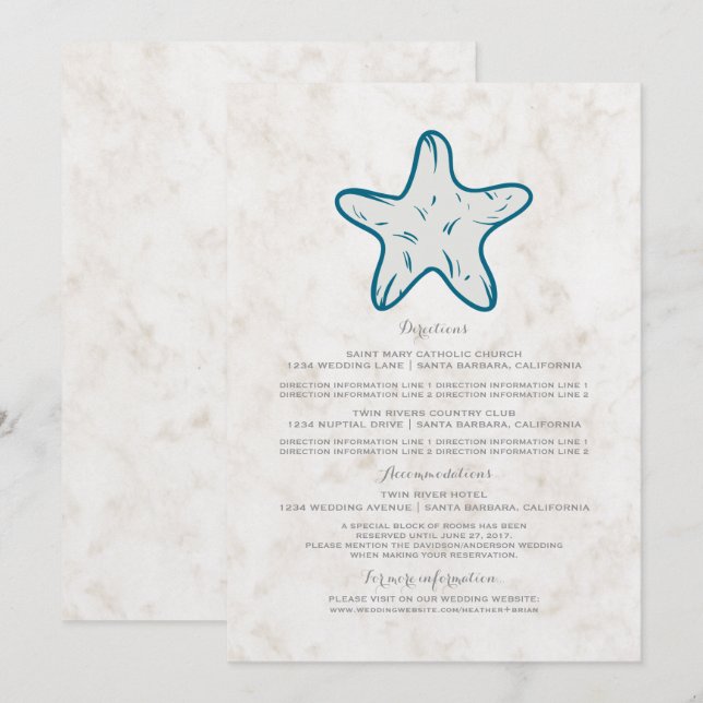 Invitación Información de Boda de Starfish Rustic Royal Blue (Anverso / Reverso)