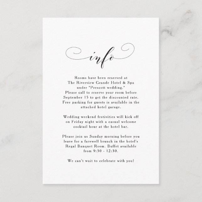 Invitación Información de boda elegante simple en blanco y ne (Anverso)