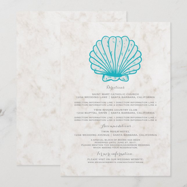 Invitación Información de Boda Rústica Turquesa con Conchas M (Anverso / Reverso)