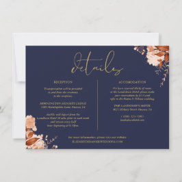 Invitación Información de Detalles de Boda Floral Azul Marino