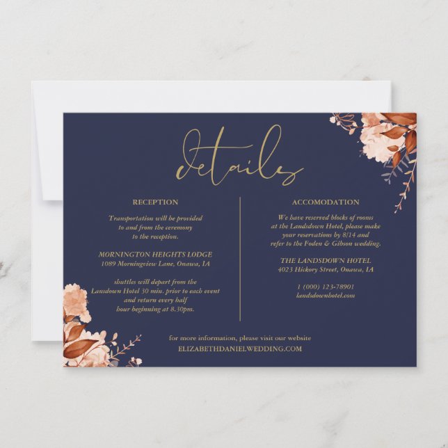 Invitación Información de detalles de boda floral dorada y az (Anverso)