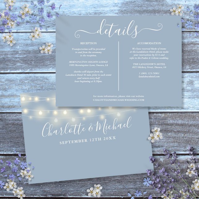 Invitación Información de detalles del Boda azul agitado de l (String Lights Dusty Blue Wedding Details Info Invitation)