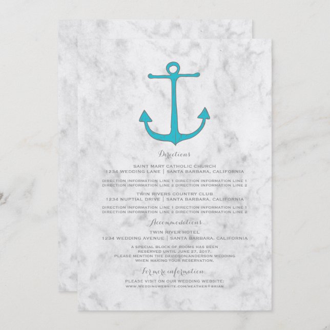 Invitación Información del Boda del Ancla Rústico Turquesa (Anverso / Reverso)