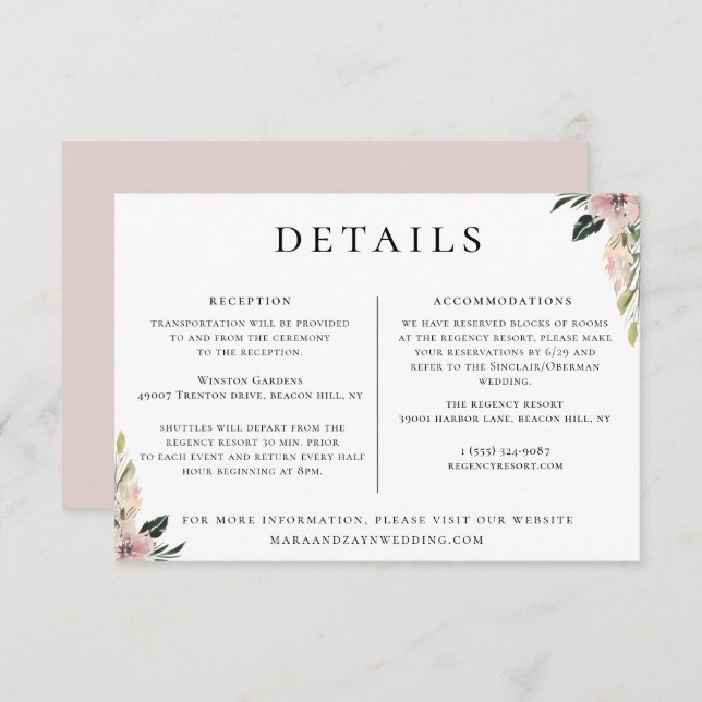 Invitación Información detallada del Boda Floral Dusty Mauve (Anverso / Reverso)