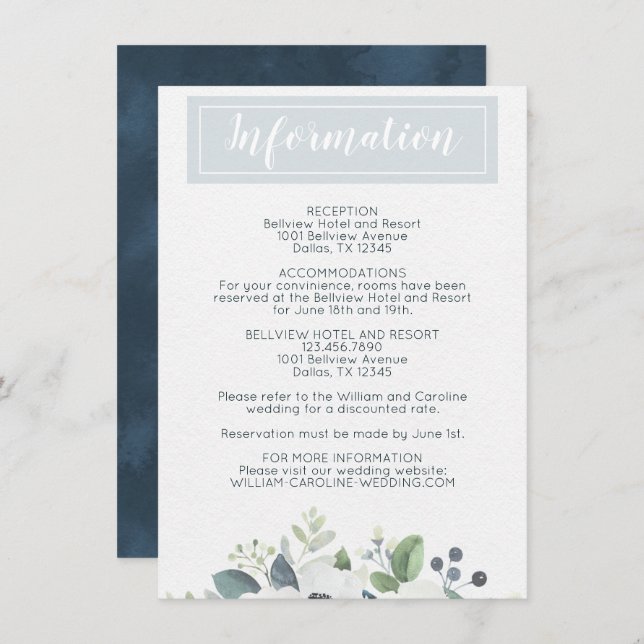 Invitación Información sobre el Boda floral azul anemónico (Anverso / Reverso)