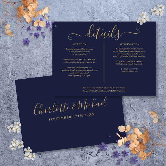 Invitación Información sobre el Boda Naval Azul Y Oro (Navy Blue And Gold Wedding Details Information Invitation)