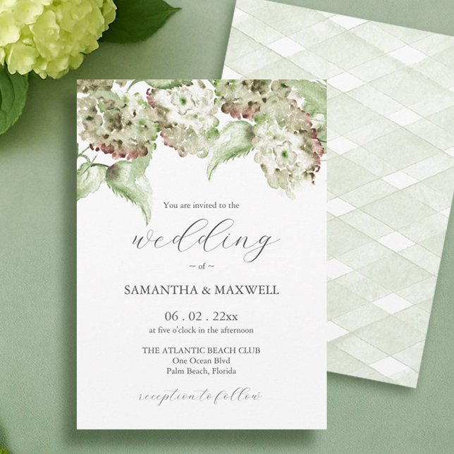 Invitación informal de boda con Hortensia verde (Informal wedding invitations watercolor green hydrangeas by Victoria Grigaliunas of Do Tell A Belle)