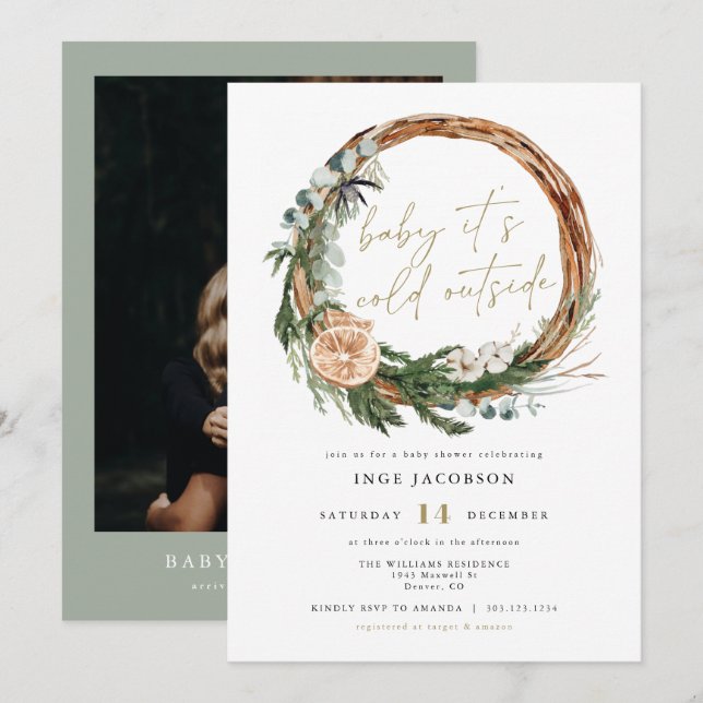 Invitación INGE Scandinavian Winter Wreath Baby Shower (Anverso / Reverso)
