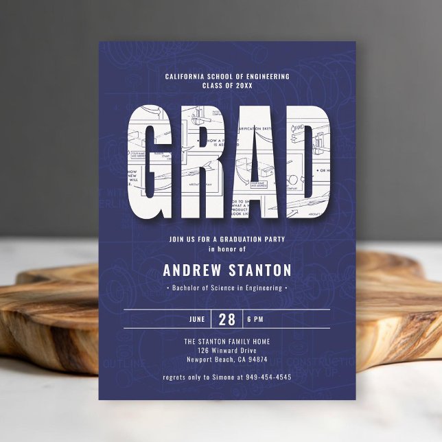 Invitación Ingeniero de Graduación de Ingeniería Fiesta Blanc (engineering engineer graduation ceremony party invitation navy blue white template minimalist modern)