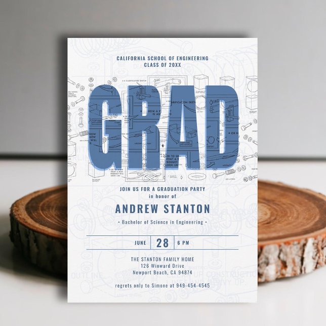 Invitación Ingeniero de Graduación de Ingeniería Grado Modern (engineering engineer graduation ceremony party invitation white blue grad modern minimalist elegant)