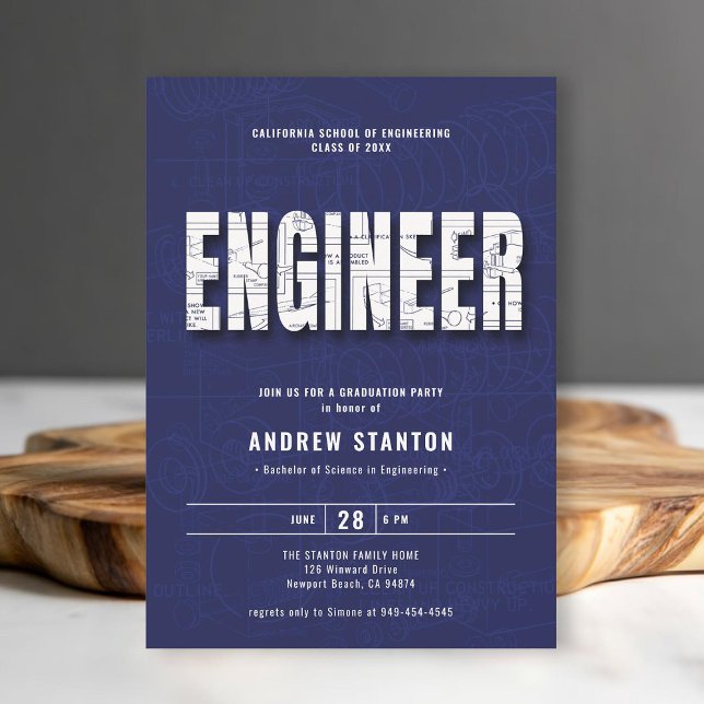 Invitación Ingeniero de Graduación de Ingeniería Navy Fiesta  (engineering engineer graduation ceremony party invitation navy blue white template modern minimalist)