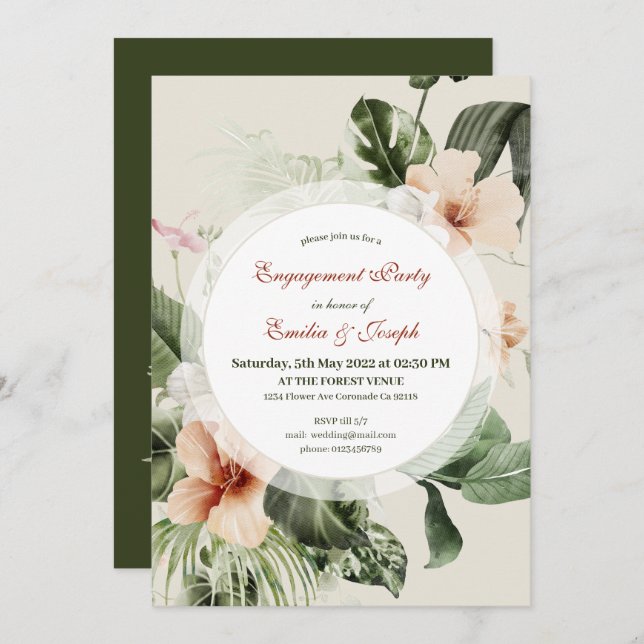 Invitación Inhibisco tropical boho pastel Engagement (Anverso / Reverso)