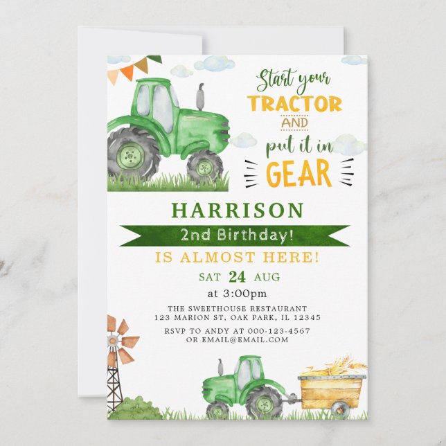 Invitación Inicia tu Tractor y pon el 2º cumpleaños del engra (Anverso)