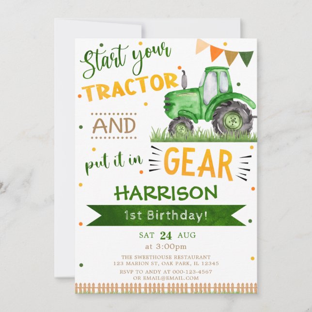 Invitación Inicia tu Tractor y pon el primer cumpleaños del e (Anverso)